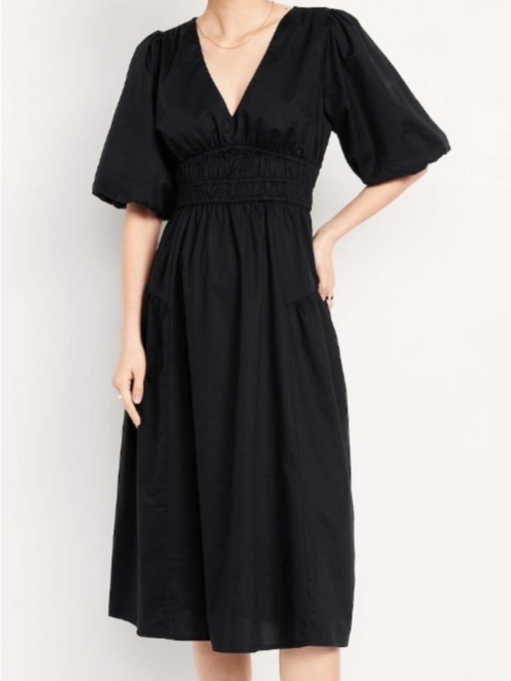 NWT Old Navy Black V-Neck Puff-Sleeve Midi Dress